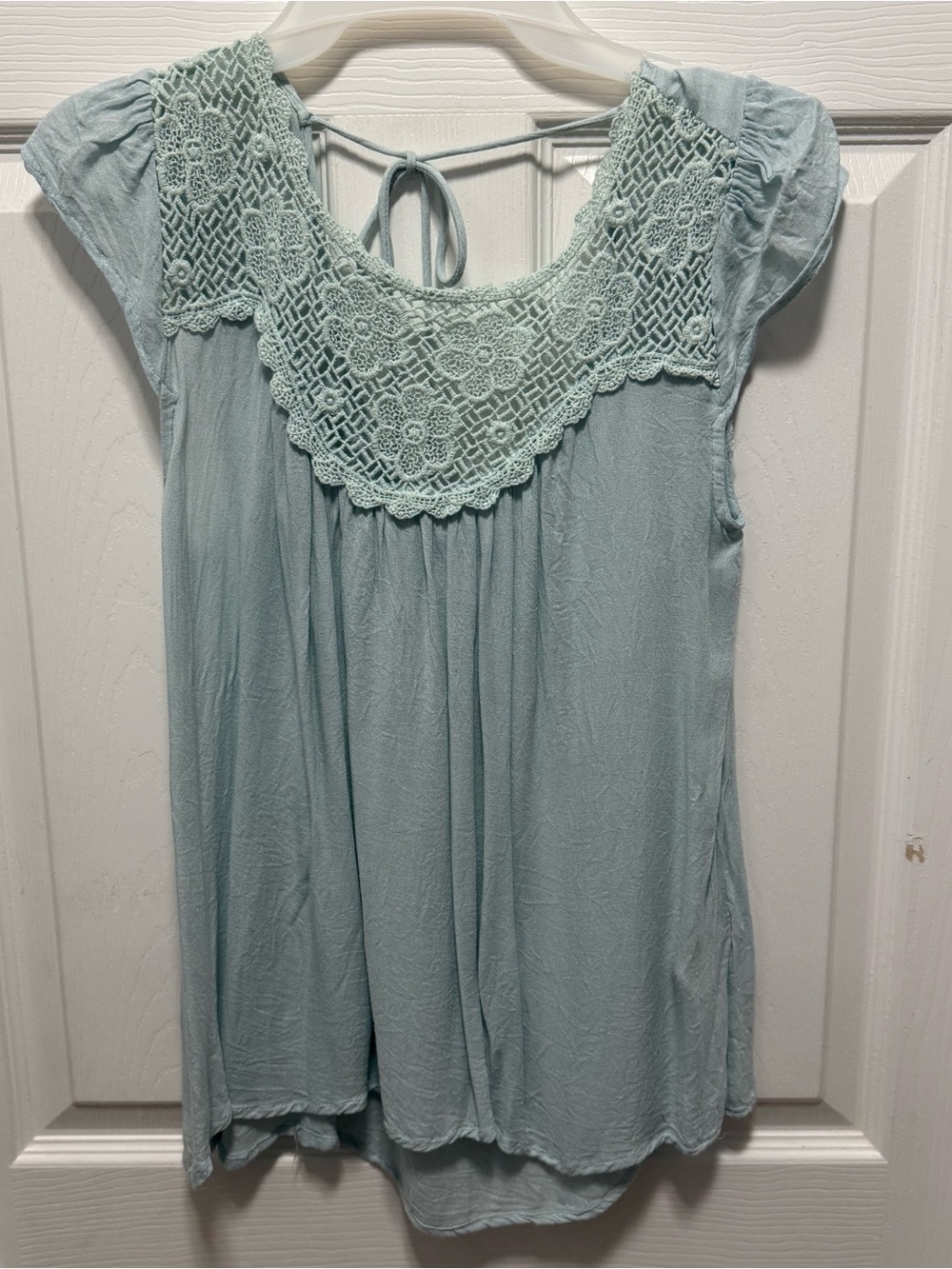 buttons Mint/ Light Blue Crochet Yoke Cap Sleeve Top